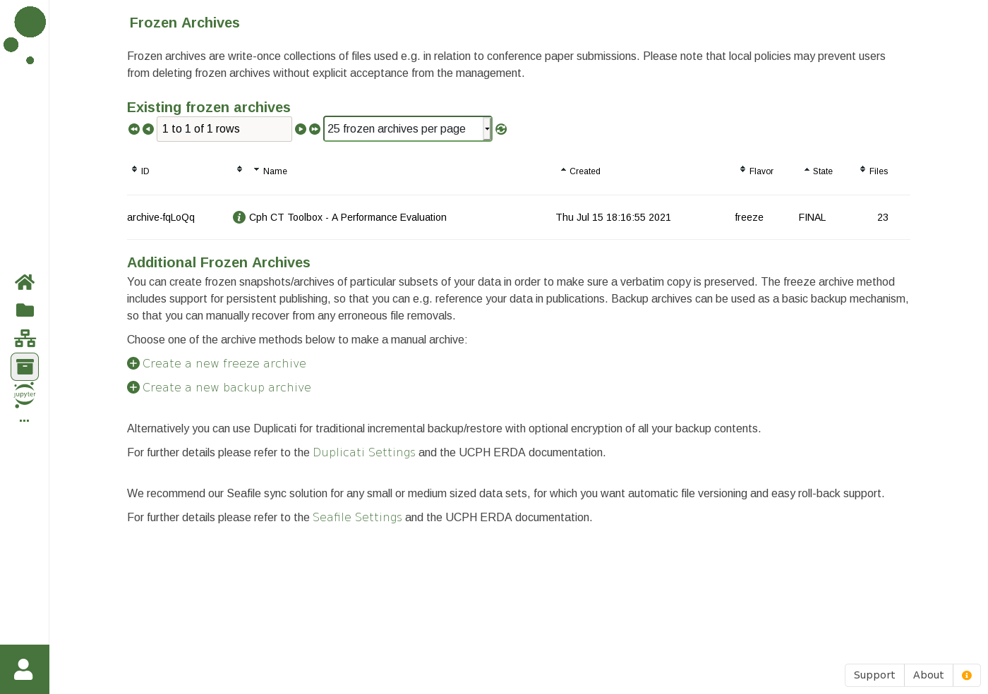 Frozen Archives screenshot with example archives.